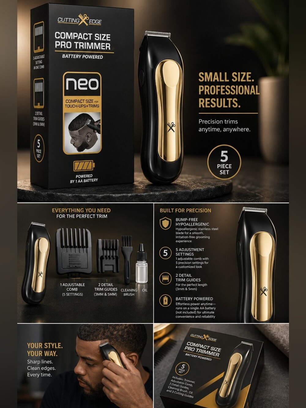 Cutting Edge Compact Size Pro Trimmer - Black & Gold For Touch Ups And Trims